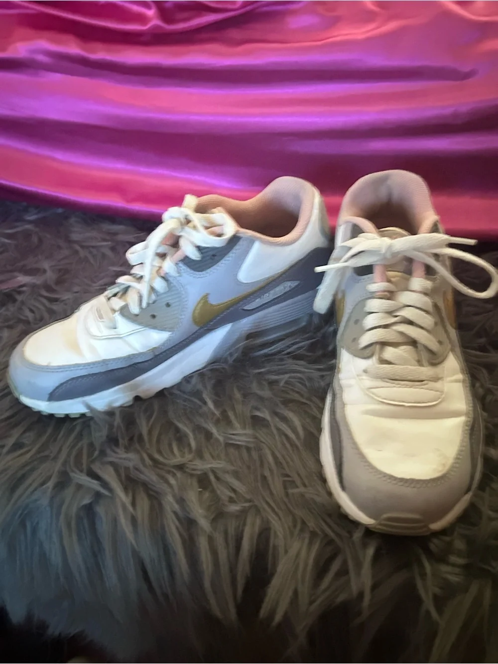 Nike White Gray Sneakers with Gold Swoosh and Pink Lining - Picture 1 of 4
